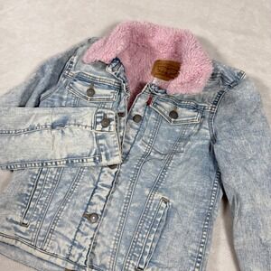 Levi Strauss Kids Denim Pink Sherpa Lined Trucker Jacket  Light Wash Large